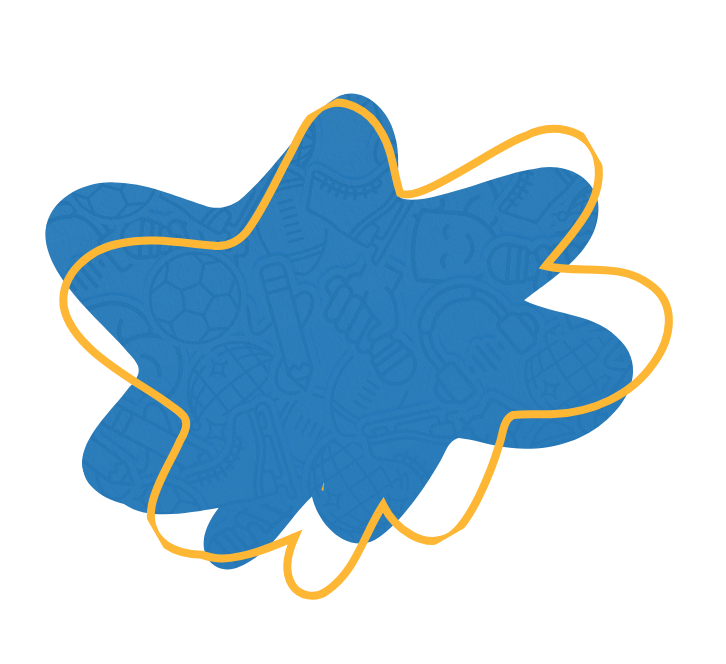 Forme éclaboussée abstraite de couleur bleue avec un contour jaune au style ludique, sur fond transparent. On y aperçoit en relief des illustrations liées à l’éducation et au sport, comme un ballon de soccer, un globe terrestre, un crayon, une ampoule et un mortier de finissant.