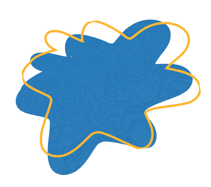 Forme éclaboussée abstraite de couleur bleue avec un contour jaune au style ludique, sur fond transparent. On y aperçoit en relief des illustrations liées à l’éducation et au sport, comme un ballon de soccer, un globe terrestre, un crayon, une ampoule et un mortier de finissant.